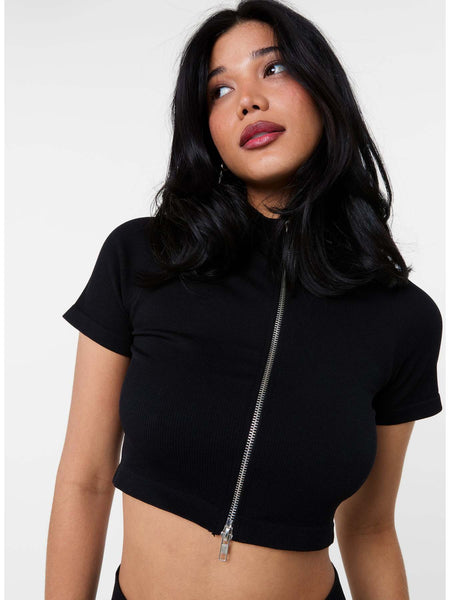 Double Zip Short Sleeve Rib Top