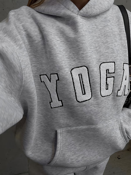 2024 New YOGA Letter Embroidery Gray Casual Loose Sports Sweatshirt, Women's Top, Sports Hoodie