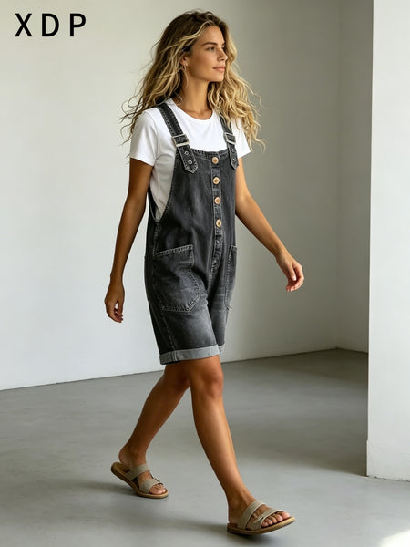 2026 New Vintage Washed Denim Overalls Women Distressed Loose Jumpsuit