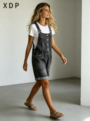 2026 New Vintage Washed Denim Overalls Women Distressed Loose Jumpsuit