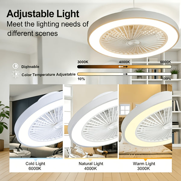Low Profile Ceiling Fans with Lights, 50.04cm Enclosed Ceiling Fan Flush Mount, 3000K-6000K Smart Bladeless LED Fan Light, White Black Modern Ceiling Fans with Lights for Bedroom Dimmable LED 6 Speeds Reversible Timing