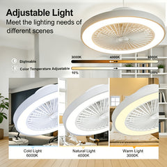 Low Profile Ceiling Fans with Lights, 50.04cm Enclosed Ceiling Fan Flush Mount, 3000K-6000K Smart Bladeless LED Fan Light, White Black Modern Ceiling Fans with Lights for Bedroom Dimmable LED 6 Speeds Reversible Timing