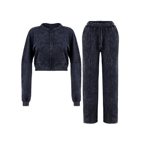 Women Acid Wash Zip Tracksuit Straight Leg Joggers - Stylish Female Jacket - Womenswear Full Sleeve Casual Comfort Zip Style Drawstring Pant