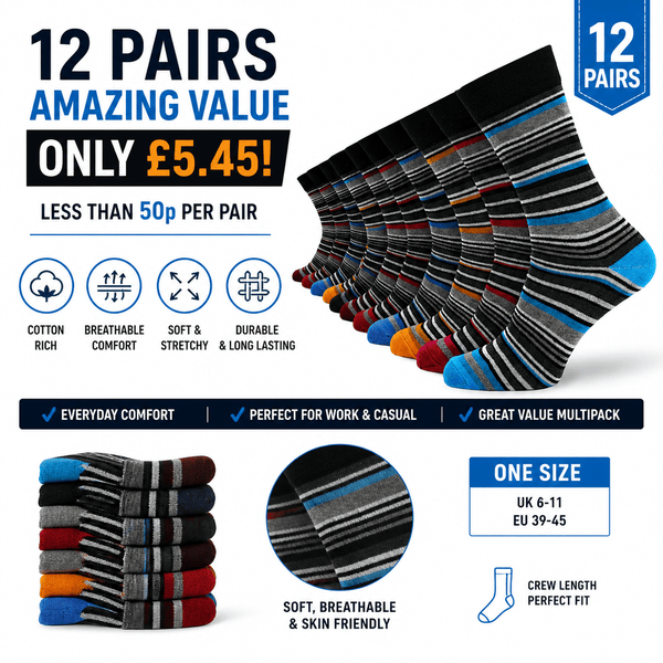12 Pairs -Mens Cotton Rich Crew Socks | Honeycomb Comfortable Non-Tight Top Soft Breathable Stretch | Fit UK Size 6-11 | Everyday Casual Work Sports Running Gym Socks