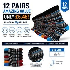 12 Pairs -Mens Cotton Rich Crew Socks | Honeycomb Comfortable Non-Tight Top Soft Breathable Stretch | Fit UK Size 6-11 | Everyday Casual Work Sports Running Gym Socks