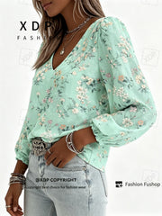 2D Flat Print Retro Western Style Shirt| V-neck Women's Long-sleeved Top with Colorful Small Floral Print, Bohemian Style Lantern Sleeve Design, Machine Washable, Suitable for Casual Attire and Vacations, 2D Flat