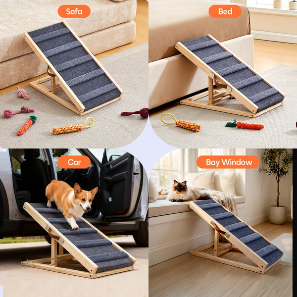 Dog Ramp for Bed Height Adjustable Folding Pet Ramp with Non-Slip Rug Surface Portable Wooden Dog Steps Stairs for Small Large Animals for Sofa Couch