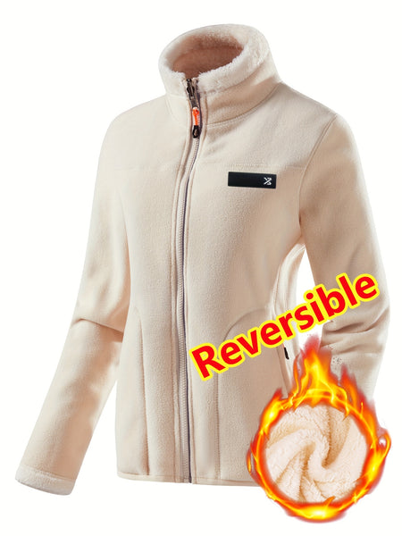 Women's Spring Casual Jacket, Thickened Shaggy Warm Printed Reversible Coral Sweatshirt, Double-Sided Outerwear