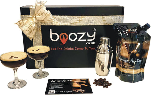 Boozy Espresso Martini Cocktail Shaker Set in Gift Box, with Glasses & Shaker, 500Ml, 5 Servings, 18% ABV, Premixed Cocktail, Shaker, X2 Ravenhead Glasses