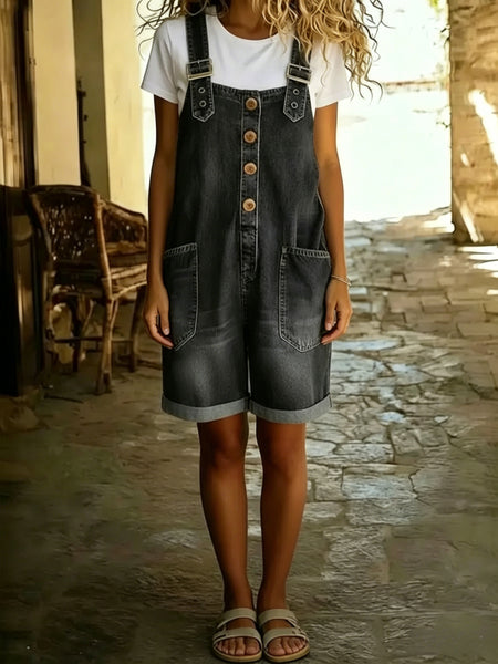 Women'S Denim Overall Shorts Retro Workwear Style Casual Jumpsuit Adjustable Strap Overalls Large Pocket Design Summer Versatile Temperament Pants