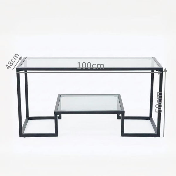 Alivio Modern Coffee Table with Metal Frame & Shelves Storage (Glass)