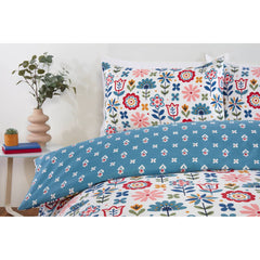 Petal Parade Floral Duvet Cover Set | Reversible Scandinavian Folk Bloom Design in Multicolour & Blue | Soft Microfibre 180 Thread Count | Includes Pillowcases – Breathable & Easy-Care Bedding – Single, Double, King Sizes | Machine Washable | Fast Dispatc