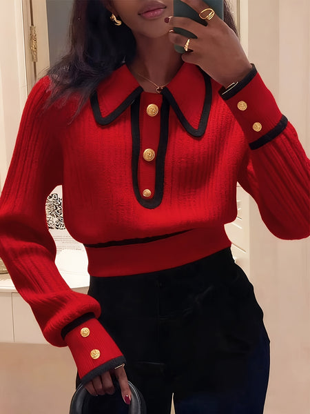 Women's Pullover Sweater for Autumn/Winter, Can Be Worn as an Inner or Outer Layer, Comfortable, Warm, Elegant, and Features a Spicy Design with a Spliced Lapel and Exquisite Metal Buttons. Suitable for Commuting, Dates, and Valentine's Day