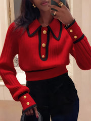 Women's Pullover Sweater for Autumn/Winter, Can Be Worn as an Inner or Outer Layer, Comfortable, Warm, Elegant, and Features a Spicy Design with a Spliced Lapel and Exquisite Metal Buttons. Suitable for Commuting, Dates, and Valentine's Day