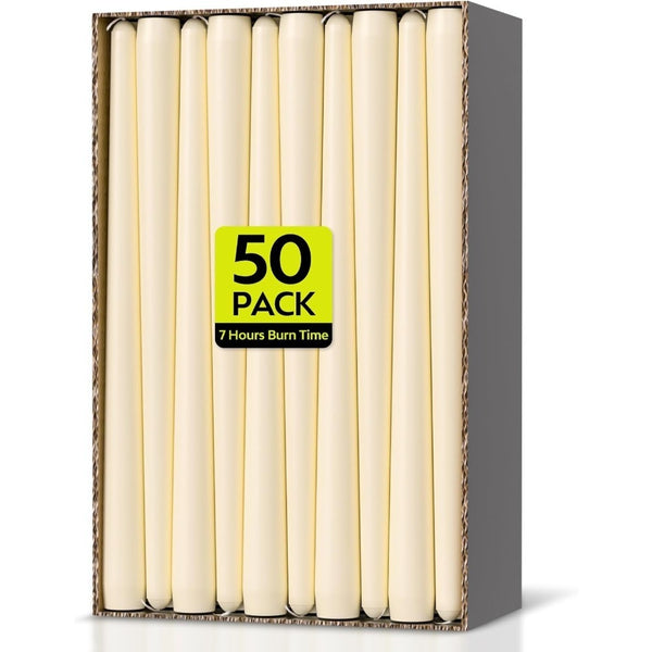 50-Pack Long Taper Candles - Unscented Ivory Tapers for Wedding, Church, Banquet - Real Wax Burning Candles Suitable for Chandeliers, Dinner Candles, Romantic Decor ( Use)