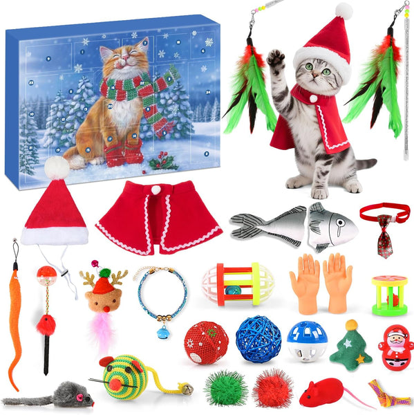 Izoel Cat Advent Calendar 2025 Christmas Interactive Toys for Indoor Christmas Gifts Collars Bow Tie Feather Toys Fish Fake Mouse Bell Balls for Cat Lover Gifts