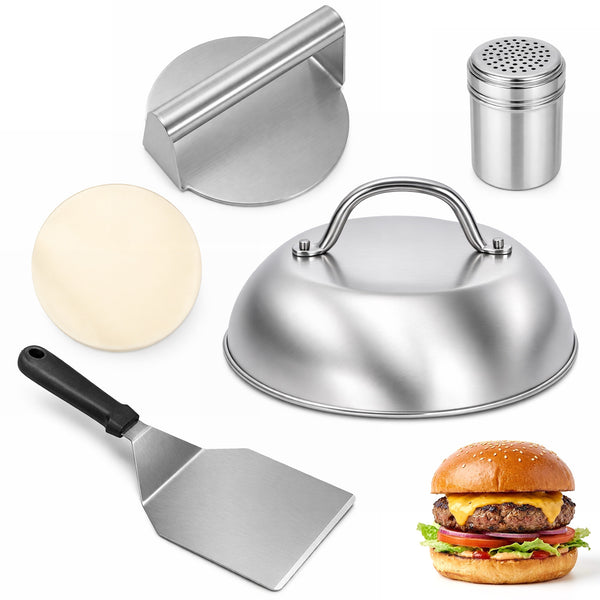 Smash Burger Press Kit for Griddle – 5-Piece Flat Top Grill Accessories Set with Burger Press, 12-Inch Melting Dome, Large Griddle Spatula