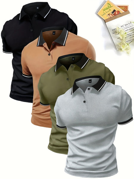 4pcs Set of Summer Lapel Men'S Polo Shirts Solid Color Short Sleeve Multicolor Golf Shirts Workwear Casual Athletic Wear Men'S Top