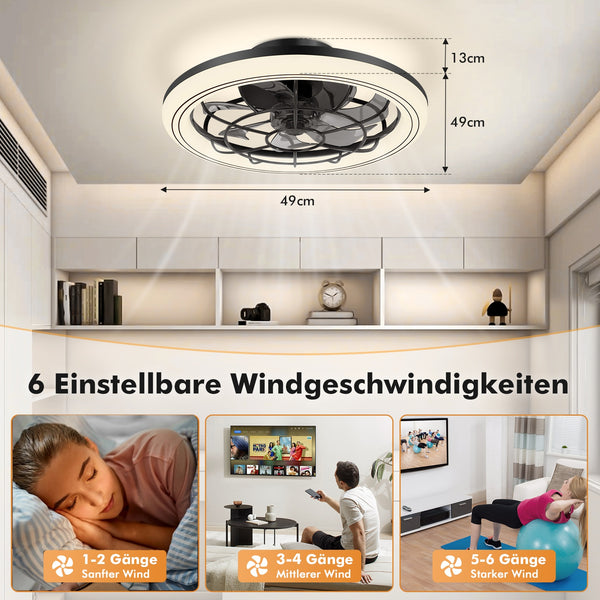 49Cm Modern Ceiling Fan with Light - Smart 3-Color Temperature Adjustment, Low Profile Flush Mount, Remote Control, 6-Speed Settings for Living Room, Bedroom, Home Office