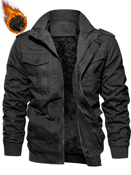 Men's autumn and winter outerwear jacket with warm and thick velvet, windproof and warm, casual multi pocket jacket for winter