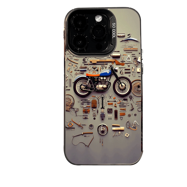 Phone Case - A Colorful Silver Phone Case Featuring a Retro Motorcycle Parts Disassembled Art Design, Compatible with Various for Iphone Including for Iphone 17 Pro Max, 16, 15, 14, 13, 12, And 11 Series, Designed to Be Stylish And Anti-Fall