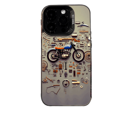 Phone Case - A Colorful Silver Phone Case Featuring a Retro Motorcycle Parts Disassembled Art Design, Compatible with Various for Iphone Including for Iphone 17 Pro Max, 16, 15, 14, 13, 12, And 11 Series, Designed to Be Stylish And Anti-Fall