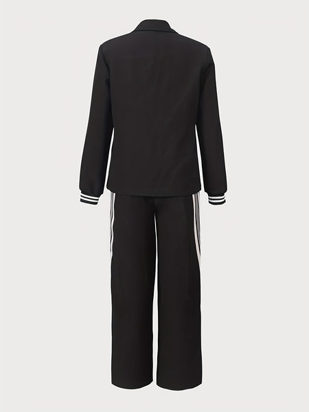 Women'S Striped Lapel Long Sleeve Jacket with Matching Trousers Set BK