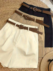 Elegant Women'S Three-Piece Set, Solid Color Shorts with Zipper Pockets, Four Seasons Casual Formal Wear, Beige, Black, Brown, Comfortable Fabric