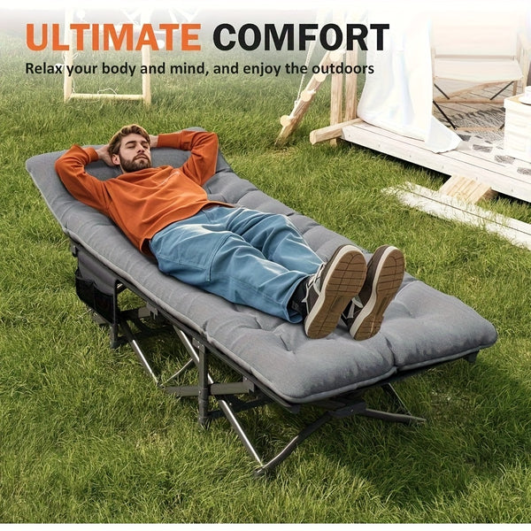 Folding Bed Portable Folding Camping Bed For Adults, Weight Capacity 199.58kg, With Mattress And Side Pocket - Lightweight And Sturdy Frame, Fishing Bed, Suitable For Camping, Home, Office, Travel, Picnic, Family Bed, Compact Design, Large Capacity