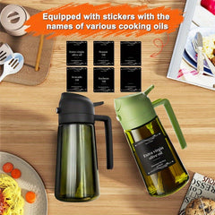 2 Kitchen Glass Olive Oil Bottles with 6 Stickers, Oil Dispenser and Cooking Spray Device, 16oz Premium Dark Green Glass Oil Bottle, Perfect Cooking Tool for Grilling, Camping, and Salads, Nozzle Design for Easy Cleaning, Suitable for Cooking