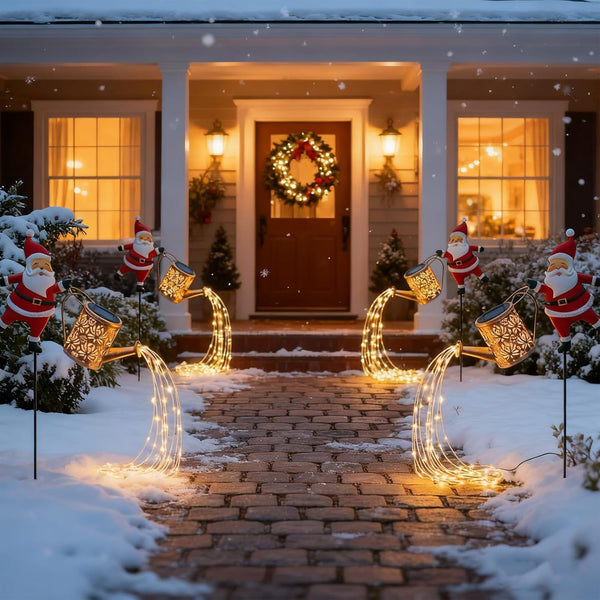 Christmas Santa Solar Kettle Lights, Garden Lawn Decorative Light, Solar Watering Can Garden Lawn Decor with Flowing LED Water, for Outdoor Patio Path Walkway Decoration, Unique Xmas Gifts (A*2)