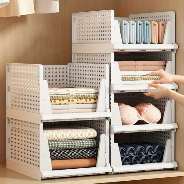 4 Pack Stackable Folding Clothing Storage Basket Drawers Wardrobe Closet Organizer Plastic Clothes Partition Shelf Stackable Hamper Bathroom, Bedroom, Office