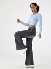 Women'S High-Waist Stretch Denim Wide-Leg Pants with Multiple Pockets, Distressed Vintage Casual Denim Long Pants