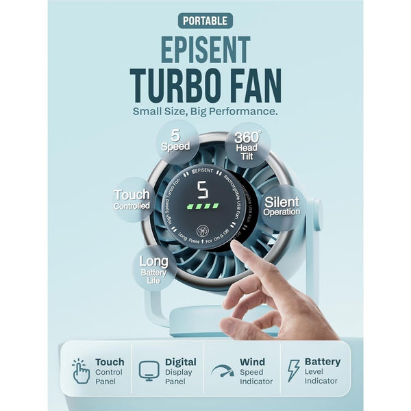 EPISENT Portable USB Desk Fan with Digital Display, Rechargeable Table Fan, 360° Adjustable Air Circulator, Touch Control, Wall Mount Design, 5 Speed Settings, Compact Fan for Home, Office & Travel