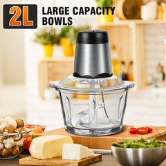 300W 2L Meat Grinder Electric Multifunctional Food Mini Chopper Processors & Chopper with 2L Glass Container, 2 Speed Settings, One Touch Operation, Easy to Clean, Silent Design, Dishwashable Electric Chopper for Chopping Meat, Fruit, Vegetable, Nuts, Car