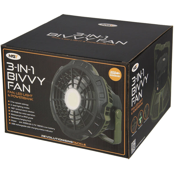 NGT XL USB Rechargeable Fan with Light & Powerbank | 3-in-1 Bivvy Fan, Lantern & Portable Charger | Carp Fishing & Camping Essential