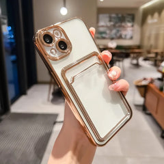 Phone case: Electroplated Transparent Card Slot Holder Case for iPhone 15 14 Plus 13 12 11 Pro Max Plating Photo Pocket Shockproof Cover