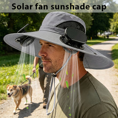 Wearing An Outdoor Solar Fan Hat, It Features A Dual-fan Design And A Wide Brim, Supports USB Charging to Ensure Long-lasting Battery Life, And Is Perfect for Activities Such As Camping, Hiking And Fishing.