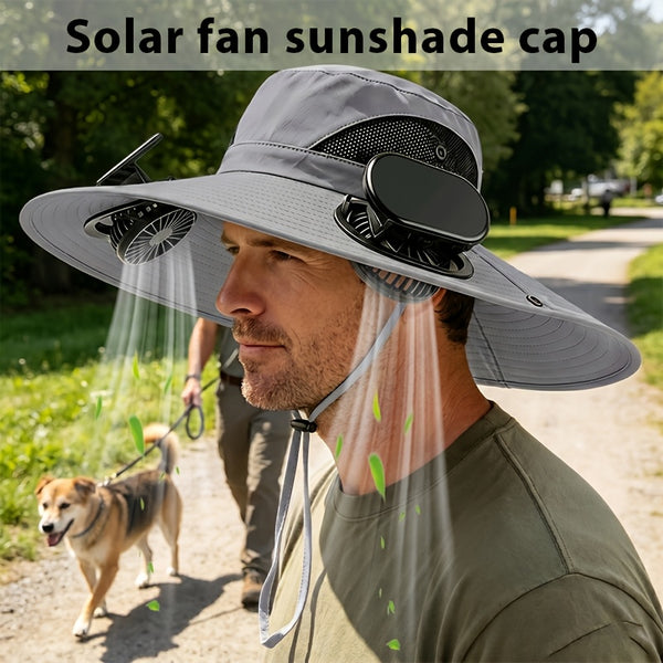 Wearing An Outdoor Solar Fan Hat, It Features A Dual-fan Design And A Wide Brim, Supports USB Charging to Ensure Long-lasting Battery Life, And Is Perfect for Activities Such As Camping, Hiking And Fishing.
