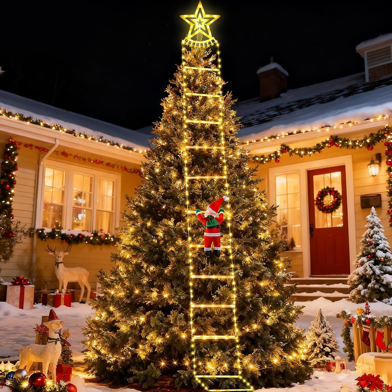 Fohil 9.8FT Christmas Ladder Lights with Top Star & Climbing Santa, Waterproof Outdoor Christmas Lights 8 Lighting Modes, Outdoor Christmas Decorations for Window Garden Wall Tree Xmas Decor