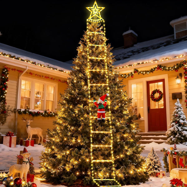 Fohil 9.8FT Christmas Ladder Lights with Top Star & Climbing Santa, Waterproof Outdoor Christmas Lights 8 Lighting Modes, Outdoor Christmas Decorations for Window Garden Wall Tree Xmas Decor