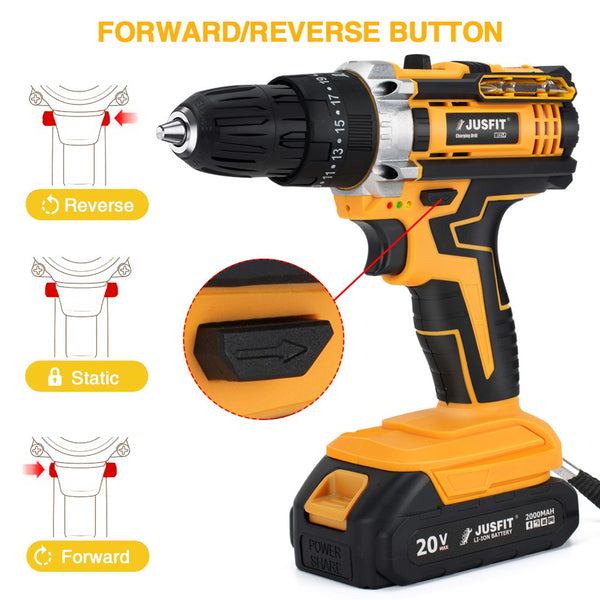 Cordless Combi Hammer Impact Drill Driver Electric Screwdriver & 2 Battery Electric Screwdriver Set 25+3 Clutch, Handheld Cordless Hammer Drill, 29 PCS Drill Bits, LED Light for Home and Garden DIY Project