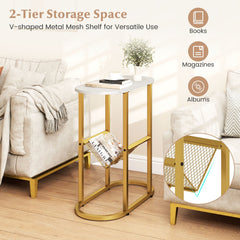 GOFLAME 2-Tier Narrow Side Table with Magazine Holder for Living Room Bedroom, White