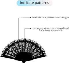 Black Lace Spanish Fan for Women, One Size, Foldable Lace Fan, Hand Held Fan for Wedding Party, Fancy Dress Costume Accessory