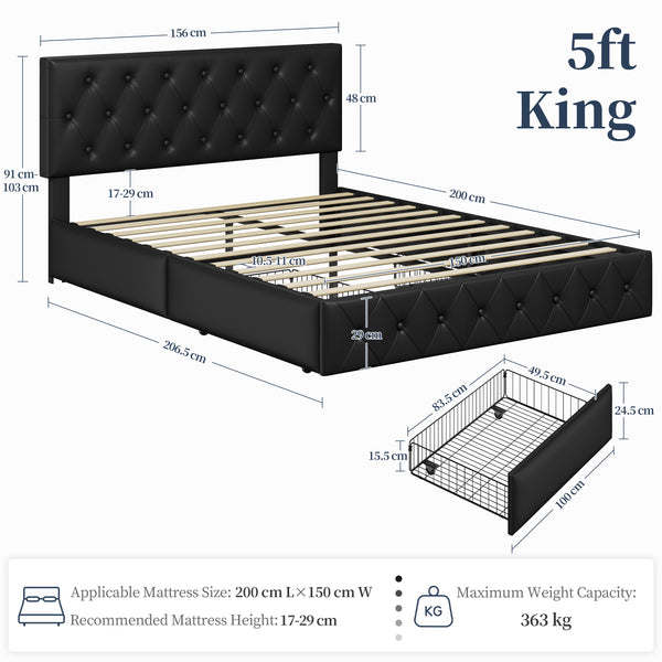 Costoffs Upholstered Bed Frame, Storage Bed Frame, Upholstered Bed Frame with Large Pull-Out Drawers Storage & Height-Adjustable Headboard, Button-tufted Upholstered Bed with Adjustable Headboard, Black