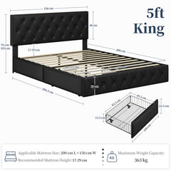 Costoffs Upholstered Bed Frame, Storage Bed Frame, Upholstered Bed Frame with Large Pull-Out Drawers Storage & Height-Adjustable Headboard, Button-tufted Upholstered Bed with Adjustable Headboard, Black