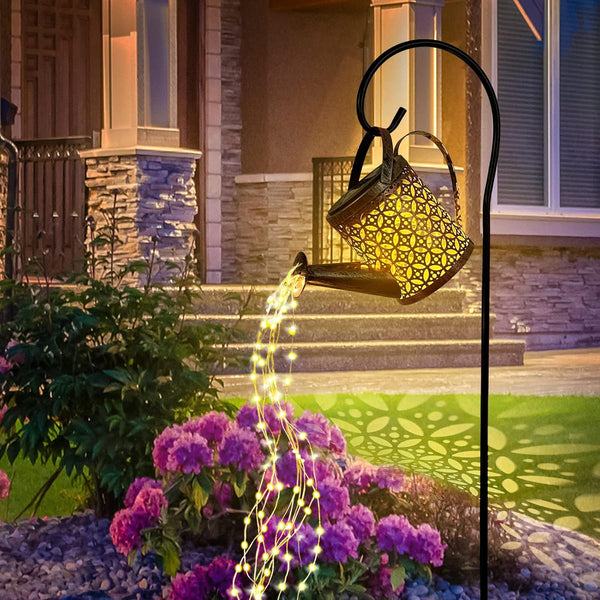 Solar Lights Garden Decorations, LED Watering Can Star Shower Art Light with Hummingbird Bracket, Solar String Lights Waterproof for Garden Patio Yard Pathway Outdoor（Warm White）