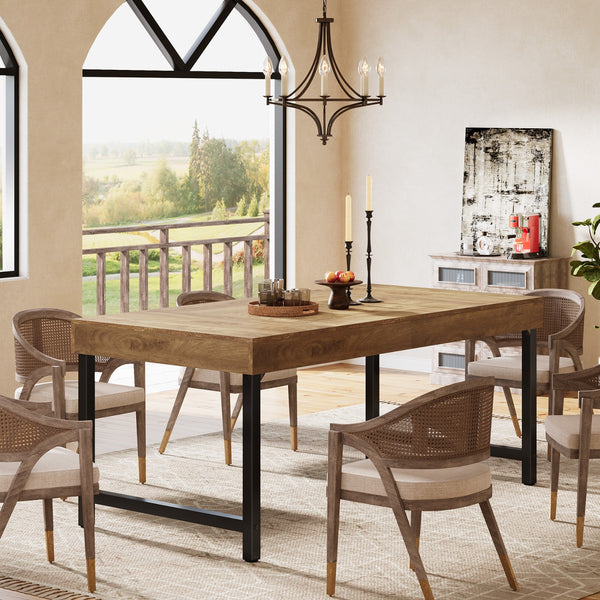 Farmhouse Dining Table for 4-6 People | 139.7 cm Industrial Rectangular Kitchen Dinner Table with Heavy-Duty Metal Legs, Rustic Brown, Multifunctional, Includes 1 Leaf, Assembled, by TRIBESIGNS