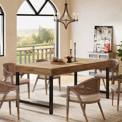 Farmhouse Dining Table for 4-6 People | 139.7 cm Industrial Rectangular Kitchen Dinner Table with Heavy-Duty Metal Legs, Rustic Brown, Multifunctional, Includes 1 Leaf, Assembled, by TRIBESIGNS