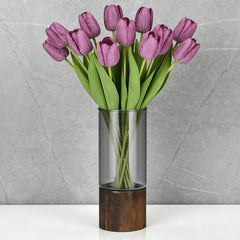 3pcs Glass Vase for Flowers - 25cm Tall Cylindrical Vase with Wooden Base Clear Large Flower Vases Boho Rustic Style Vases Modern Minimalist Ornaments for Pampas Grass Dried Flowers Wedding Home Decor